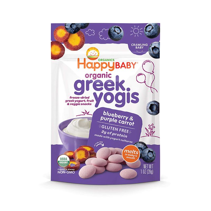 Photo 1 of Happy Baby Organic Greek Yogis Freeze-Dried Greek Yogurt and Fruit Snacks, Blueberry/Purple Carrot, 1 Ounce (Pack of 8) -- EXP 03/11/2022
