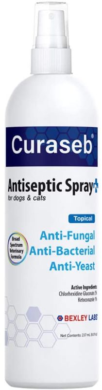 Photo 1 of BEXLEY LABS Curaseb Medicated Chlorhexidine Spray for Dogs & Cats, Relieves Skin Infections, Hot Spots, Paw Licking, Allergies and Acne, with Soothing Aloe Vera – Veterinary Strength
