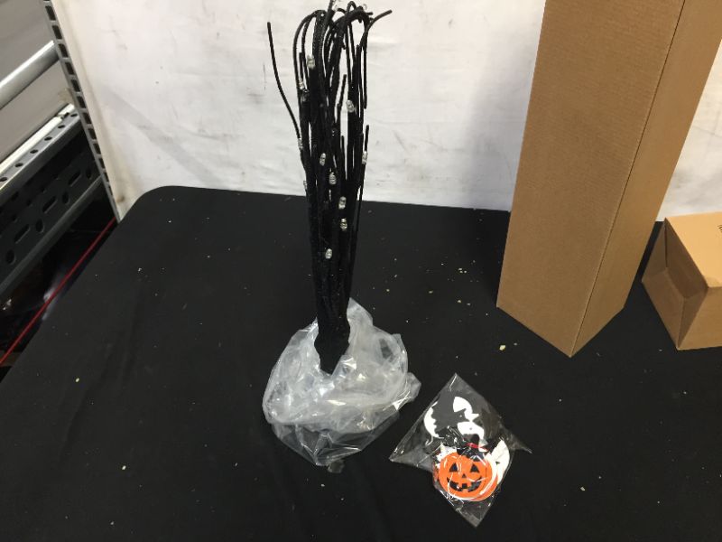 Photo 2 of Halloween 1.8FT Black Spooky Tree Battery Powered with 24 LED Warm White Lights, 6 Pcs Pumpkin Ornaments and 6 Pcs Bat Ornaments, Light Up Bonsai Tree for Halloween Indoor Tabletop Home Decorations
