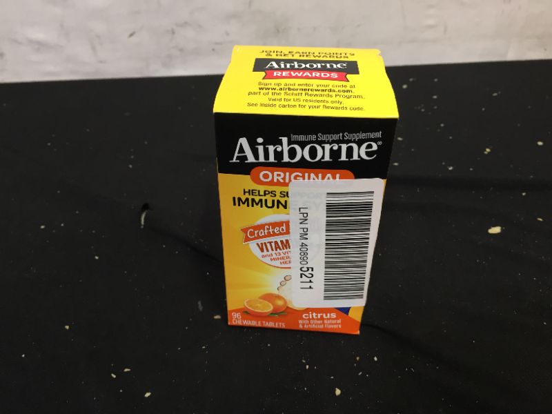 Photo 1 of Airborne 1000mg Vitamin C Chewable Tablets with Zinc, Immune Support Supplement with Powerful Antioxidants Vitamins A C & E - (96 count bottle), Citrus Flavor, Gluten-Free
