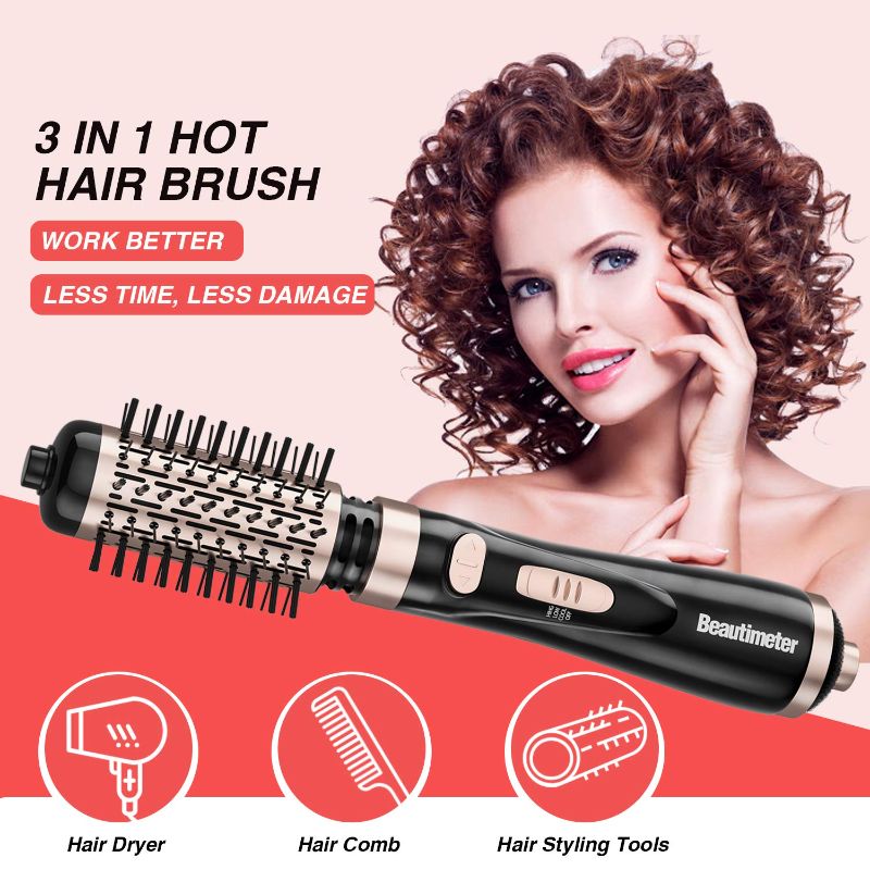 Photo 1 of Beautimeter Hair Dryer Brush, 3-in-1 Round Hot Air Spin Brush Kit for Styling and Frizz Control, Negative Ionic Blow Hair Dryer Brush Volumizer, 2 Detachable Auto-Rotating Curling Brush, Black & Gold