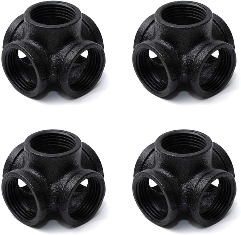 Photo 1 of 1" Black Painted 5-Way Side Outlet Tee, Home TZH 4-Pack 5-Way Corner Cast Black Malleable Iron Pipe Fitting for Industrial Pipe, Furniture and DIY Decoration (4, Black Painted 1 Inch)

