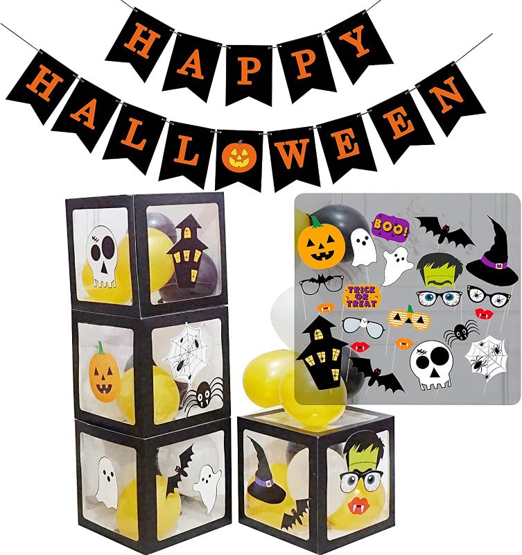 Photo 1 of 4PCS Halloween Balloon Box,Transparent Box,Candy Box,Trick or Treat Box, Prank Scare Box With Halloween Theme Sticker Creative Surprise Boxes for Halloween Thanksgiving Birthday Party Decorations
