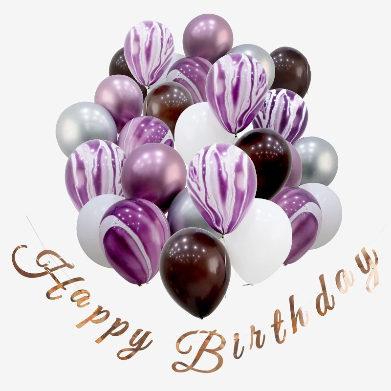 Photo 1 of .ebabyland 50psc 12Inch Marble Balloon_Purple mix + HappyBirthday Rosegold banner set -birthday decorations for women 30th birthday happy birthday sign carnival theme party decorations 60th birthday wedding decorations
