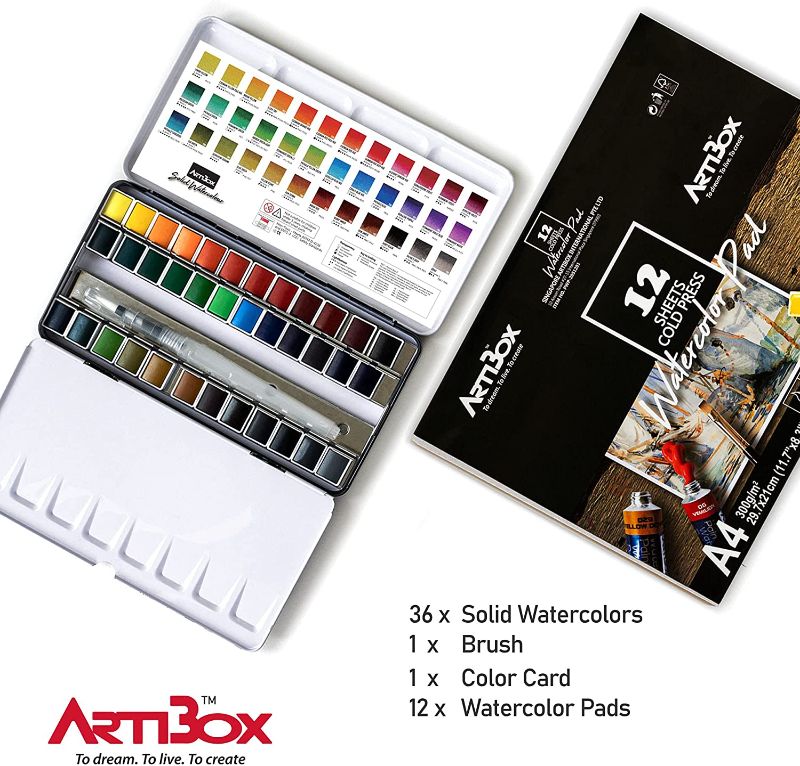 Photo 1 of 36 Watercolor Paint Set by Artibox - Water Squeeze Brush - 12 Watercolor Sheets - Half Pans Colors - Art Supplies
