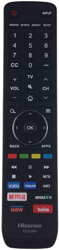 Photo 1 of OEM Hisense EN3S39H Universal TV Remote Control with Vudu Tikilive NRT Netflix Amazon Fandango YouTube Buttons for/fit All 4K UHD EN3V39H EN3I39H 43H6E 49H6020E 49H6030E 49H6040E 49H6050E 49H6070E. Pack of 5
