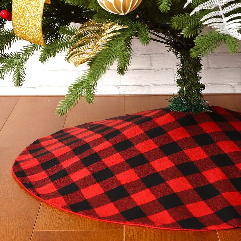 Photo 1 of 2 of Sattiyrch Buffalo Plaid Christmas Tree Skirt 36 in,Red Black Buffalo Check Christmas Tree Skirt for Holiday Christmas Decorations (36in, Red and Black)
