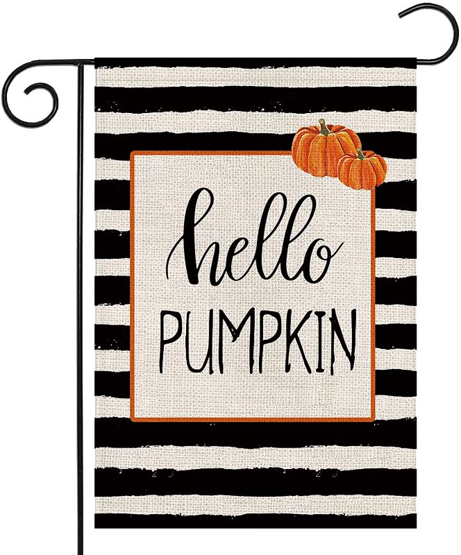 Photo 1 of Acerich Fall Garden Flag, Pumpkin Stripe Thanksgiving Garden Flag Double Sized, Autumn Outdoor Yard Farmhouse Burlap Fall Decor, 12 x 18 Inch
