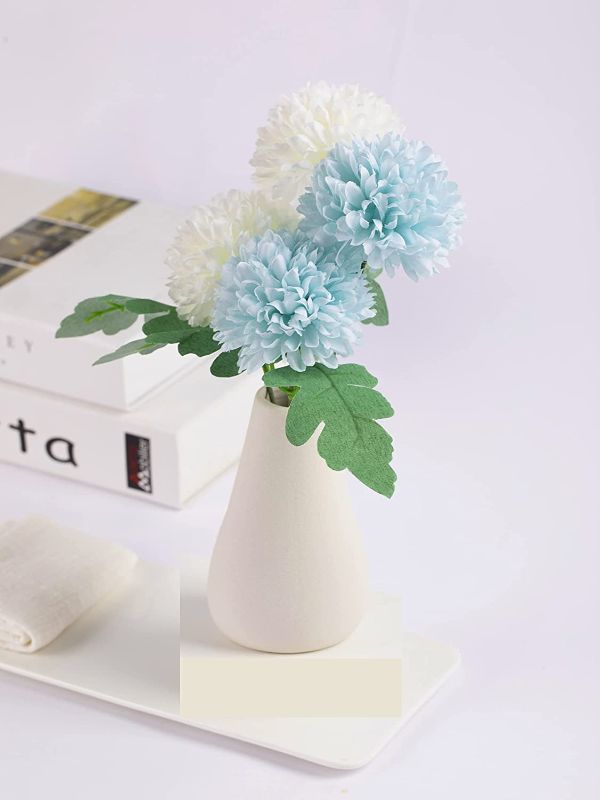 Photo 1 of ChenJia Artificial Flowers with Vase,Artificial Dandelion, Artificial Chrysanthemum Ball Flowers Arrangement Bouquet for Indoor Outdoor Decorations Wedding Party(White,Blue)
