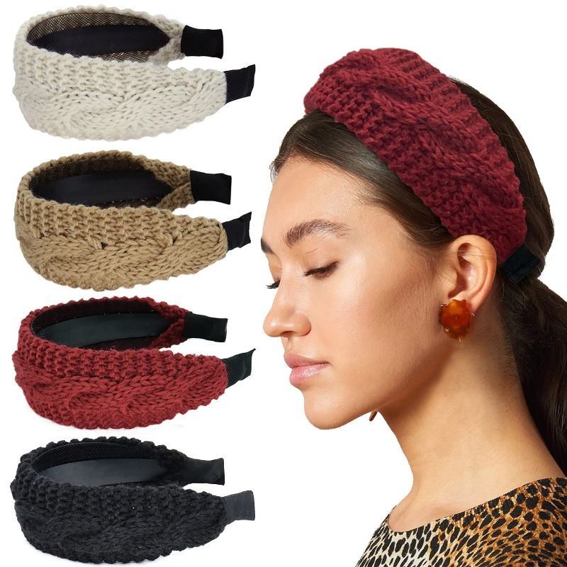 Photo 1 of LIHELEI Wide Headband for Women, Thick Knitted Headband Fashion Head Wrap in Solid Color Non-slip for Daily Festival Gift-4PCS Black/Red/Maroon/White
