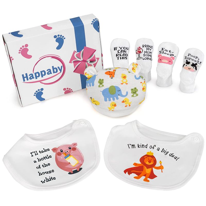 Photo 1 of Baby Gift Set for Baby Boys & Girls – Newborn Baby Socks, Baby Bibs, & Baby Hat – Cute and Funny Baby Shower Gifts, Baby Items, Unisex Newborn Baby Clothes, Baby Registry Search
