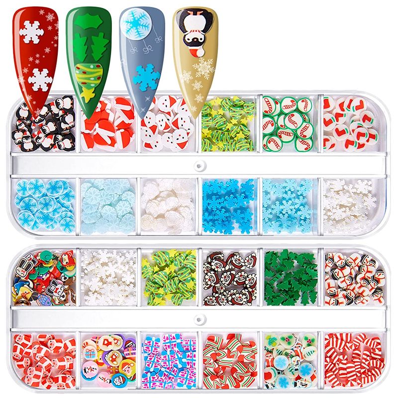 Photo 1 of 24 Grids Christmas Nail Art Slices 3D Nail Charms Fimo 3D Christmas Nail Charms for Women Kids Manicure Decors Snowflake Socks Christmas Tree Hat Snowman Design for Acrylic Nail Decoration Kit ( 3 PACKS) 