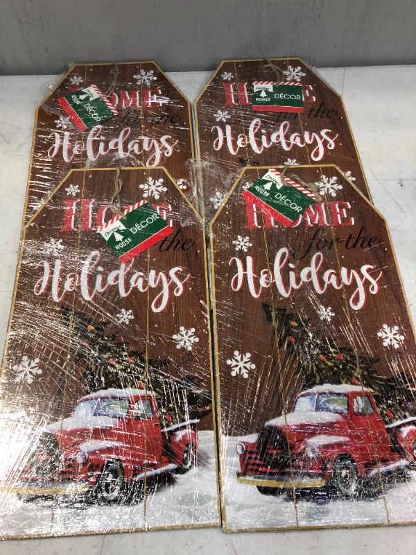 Photo 2 of ( FOUR PACK) Merry Christmas Decor Wooden Sign Board 14"x7.5" Home Wall Decorations Celebrate A Happy Holidays Wood Decore Indoors Outside Porch Yard Door Decorative Hanging Doorway Plank Plaque Rustic Hanger
