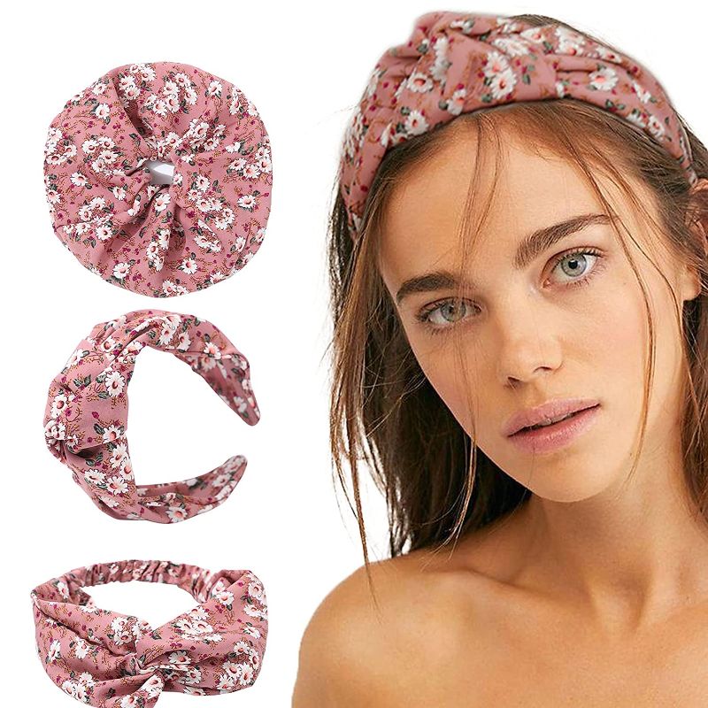 Photo 1 of Floral Scrunchies Hair Scarf for Women - HAIMEIKANG 3PCS Wide Hair Band Large Intestine Scrunchy Elastic Bandana Knotted Headscarf for Girls(Pink)
