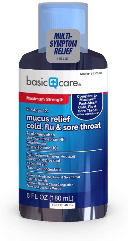 Photo 1 of 2Basic Care Mucus Relief Cold, Flu & Sore Throat; Helps Relieve Common Cold and Flu Symptoms, 6 Fluid Ounces EXP 02/2022

