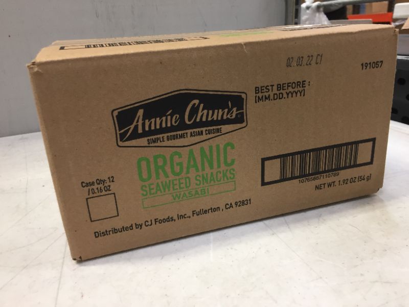 Photo 1 of Annie Chun's Organic Seaweed Snacks, Wasabi, Organic, Non GMO, Vegan, Gluten Free, 0.16 Oz (Pack of 12) 
BB 02/03/2022

