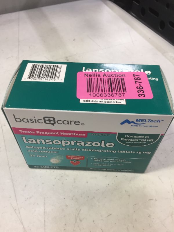 Photo 2 of Amazon Basic Care Lansoprazole Delayed Release Orally Disintegrating Tablets 15 mg, Acid Reducer, Strawberry Flavor, 42 Count EXP 03/2022
