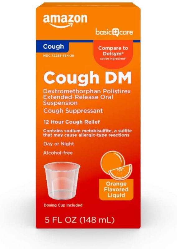 Photo 1 of Amazon Basic Care 12 Hour Cough DM, Dextromethorphan Polistirex Extended-Release Oral Suspension, Cough Suppressant, 12 Hour Cough Relief, Orange Flavor, 5 Fluid Ounces
Expires: 5/22