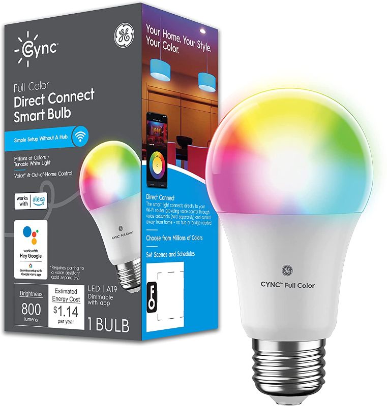 Photo 1 of GE CYNC Smart Light Bulb with Bluetooth and Wifi, Alexa and Google Home Compatible, Full Color Changing, Dimmable, A19 Bulb Shape

