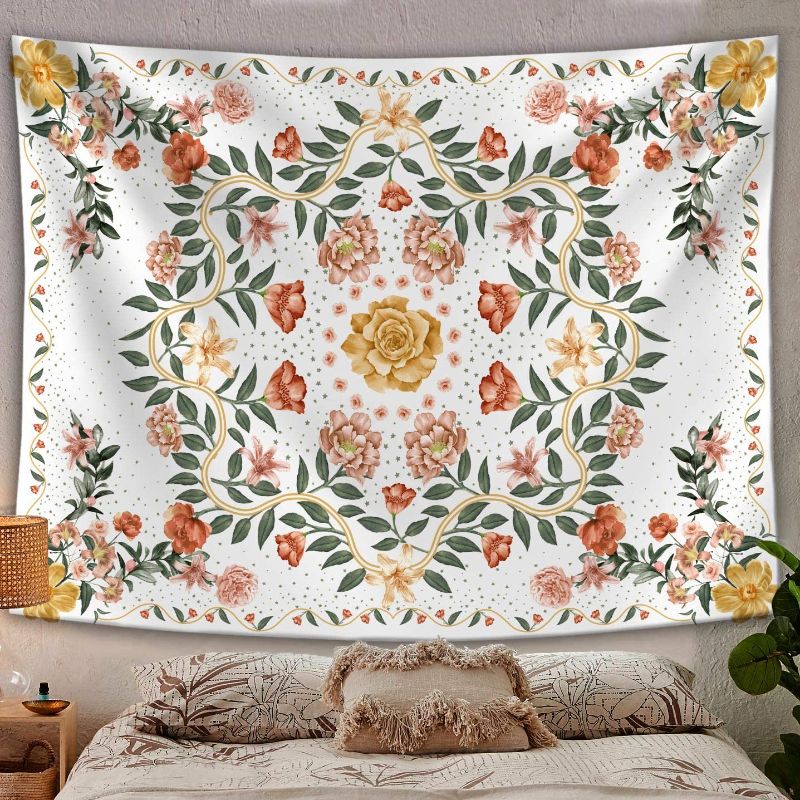 Photo 1 of AMM Floral Mandala Tapestry Wall Hanging, Boho Flower Tapestry with Colorful Aesthetic Wreath Design Bohemian Wall Decor for Bedroom Living Room Dorm Decor (white, 60‘’×50‘’)