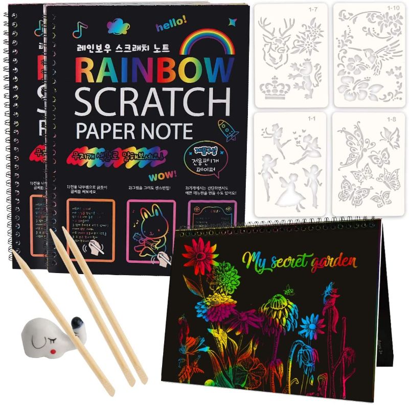 Photo 1 of Mocoosy 3 Pack Rainbow Scratch Art Note Books - Magic Scratch Off Paper Notebook Set for Kids Art and Craft Activity Book Black Sketch Doodle Pads with Painting Stencils for Party Favor Game Gift
