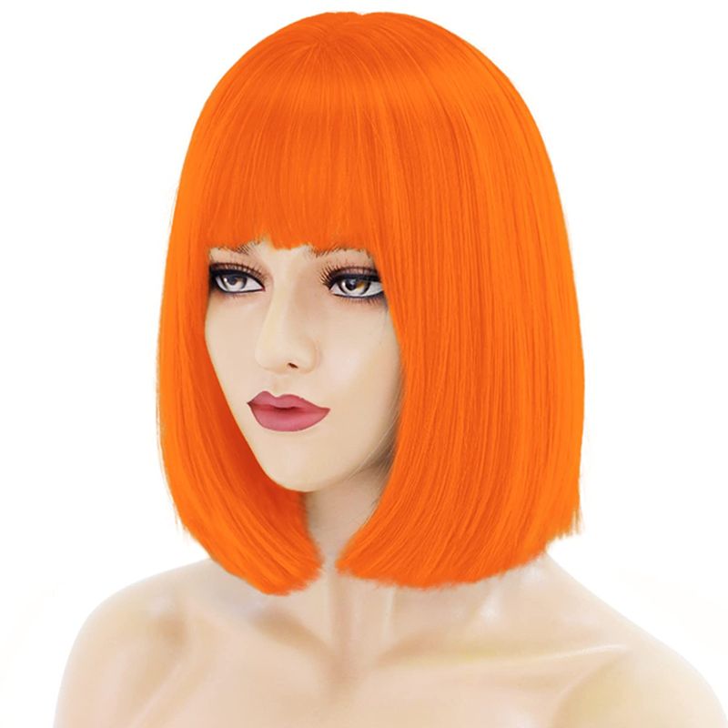 Photo 1 of Akkya Short Bob Wig with Bangs Black Pink Blue Purple Red Green Blonde Orange Brown Yellow Hair Hot Colorful Colored Bob Cut Costume Halloween Wigs for Women Kids
