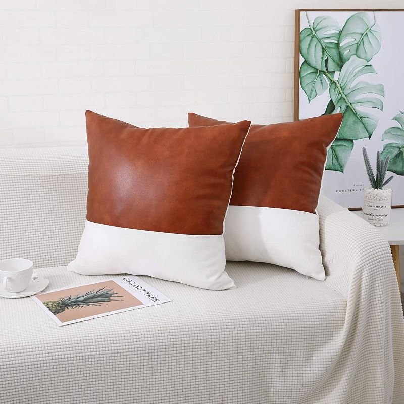 Photo 1 of  Set of 2 Faux Leather Throw Pillow Covers, 18 x 18 inch Modern Brown Cushion Cases Decorative Pillowcase for Sofa Bedroom Living Room