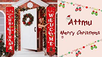 Photo 1 of Attmu Merry Christmas Banners for Outside, Red Outdoor Christmas Decorations Front Porch Sign for Home Kitchen Wall Party Outdoor Indoor, Hanging Christmas Door Banner Decorations, 71"x13" 2PK
