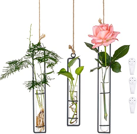 Photo 1 of 3Pcs/Set Glass Hanging Planter Terrarium Black Iron Art Hydroponic Test Tube Vase with Twine Rope and Hook Pots, Small + Medium + Large, Flower Water Container Decoration for Home Office Wedding
