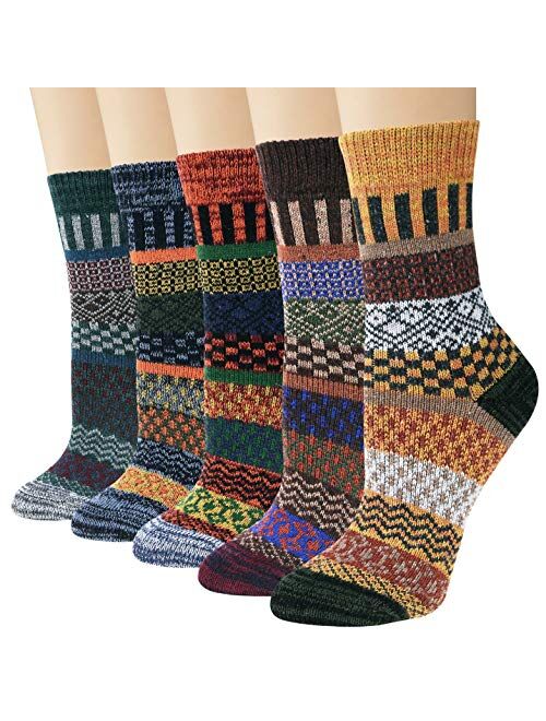 Photo 1 of Justay 5 Pairs Winter Womens Wool Socks Vintage Warm Socks Thick Cozy Socks Knit Casual Crew Socks Gifts for Women
