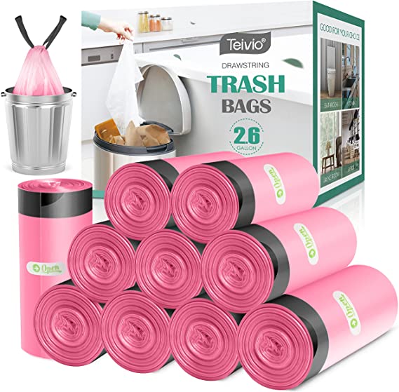 Photo 1 of 220pcs Strong Drawstring Trash Bags Garbage Bags by Teivio, Bathroom Trash Can Bin Liners, Small Plastic Bags for home office kitchen (Pink, 2.6 Gallon)
