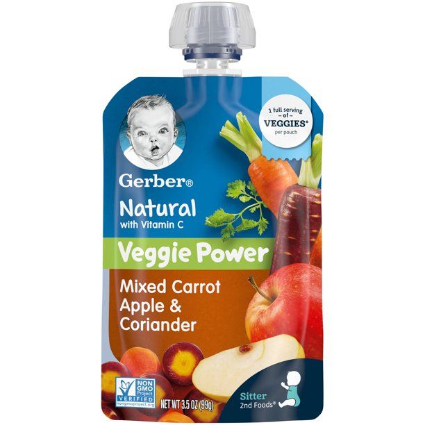 Photo 1 of Gerber 2nd Foods Natural Veggie Power Stage 2 Baby Food Mixed Carrot Apple Coriander, 3.5 oz, Pouch (Pack of 12) BB 28FEB2022
