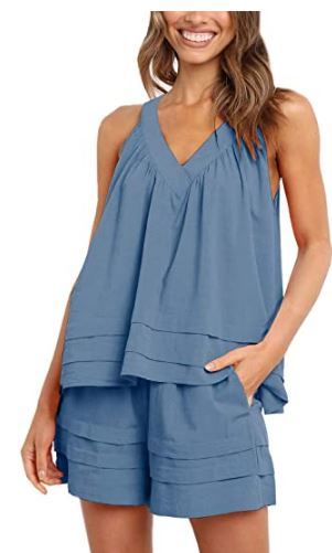 Photo 1 of MITILLY Women's Halter Neck Sleeveless Top and Shorts Pajama Sets 2 Piece Solid Color Loungewear Sleepwear
size medium 