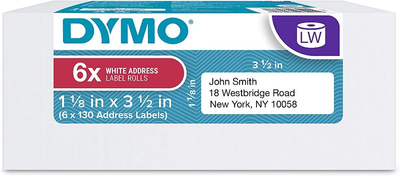 Photo 1 of DYMO Authentic LabelWriter Adhesive White Mailing Address Labels (30251) 1 1/8" x 3 1/2", 6 Rolls of 130
