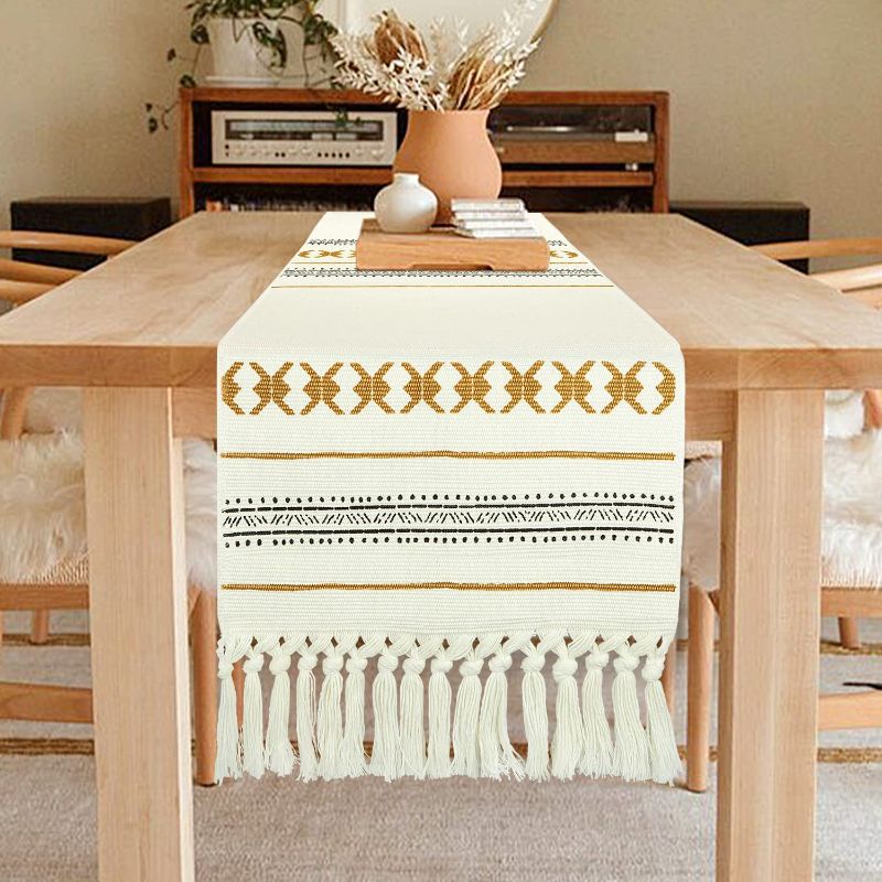 Photo 1 of AGELMAT Table Runners 72 inch,Cotton Woven Table Runner Farmhouse Style with Tassels Dresser Runner for Wedding Bridal Shower Party Dining
