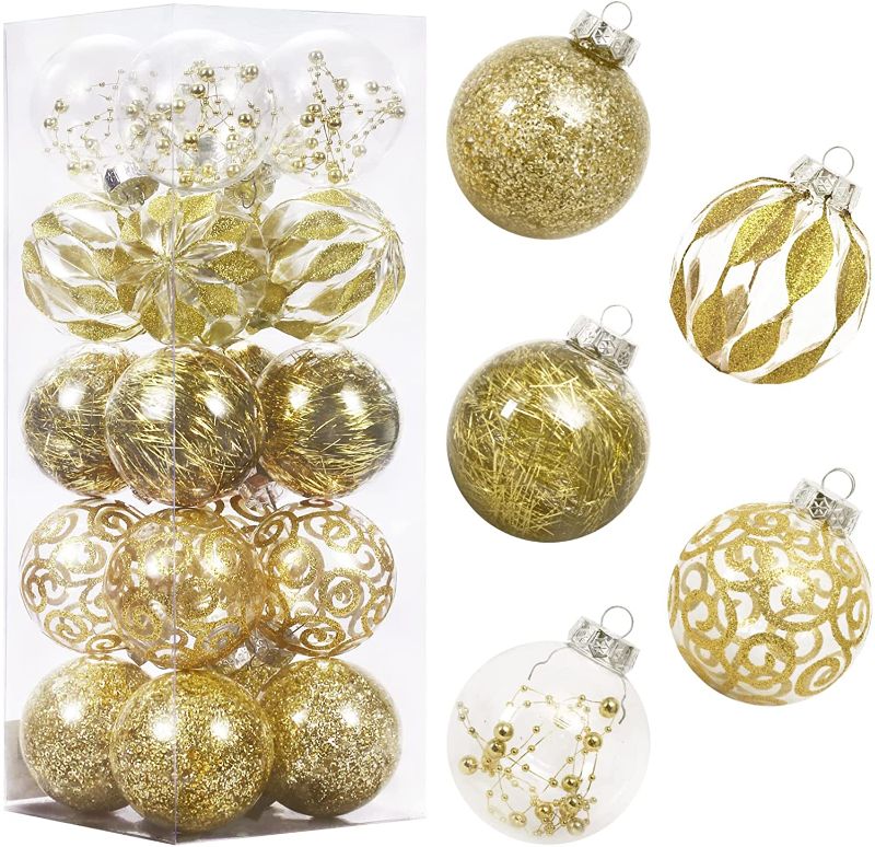 Photo 1 of 80MM/3.14 inches Clear Christmas Ornaments Set, 20PCS Shatterproof Decorative Hanging Ball Ornament with Stuffed Delicate Decorations, Xmas Tree Balls for Halloween Holiday Party Thankgivings - Gold.
