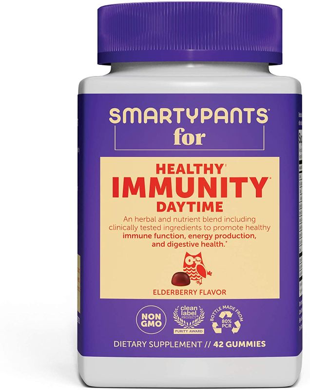 Photo 1 of SmartyPants Adult Daytime Immunity Formula Daily Gummy Vitamins: Vitamins C, D, B12 & Zinc for Immunity; Probiotics & Prebiotics; Elderberry Flavor, 42 Ct -21 Day Supply - exp - feb - 21 - 22
