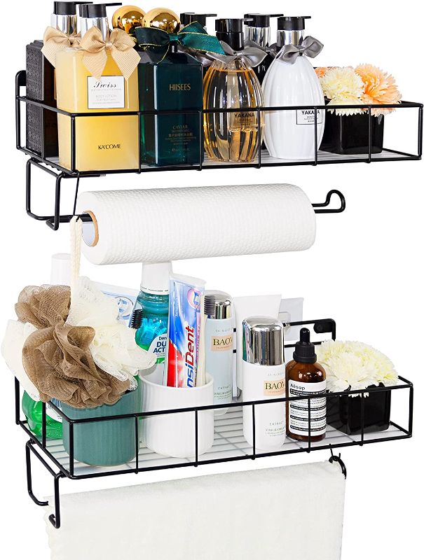 Photo 1 of 2 Pack -SUFAUY Kitchen Paper Towel Holder Shelf with Towel Roll Rack, Adhesive Wall Mount Paper Towels Hanging Spice Rack for Refrigerator Organizer, No Drilling Door Shower Caddy Basket, Black
