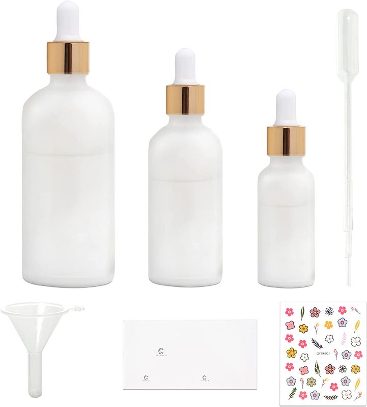 Photo 1 of 2oz Frosted Glass Dropper Bottles with Glass Eye Dropper, Portable Travel Containers for Essential Oils, Liquid Cosmetic,3 Pack DIY Labels&Flower Sticker
