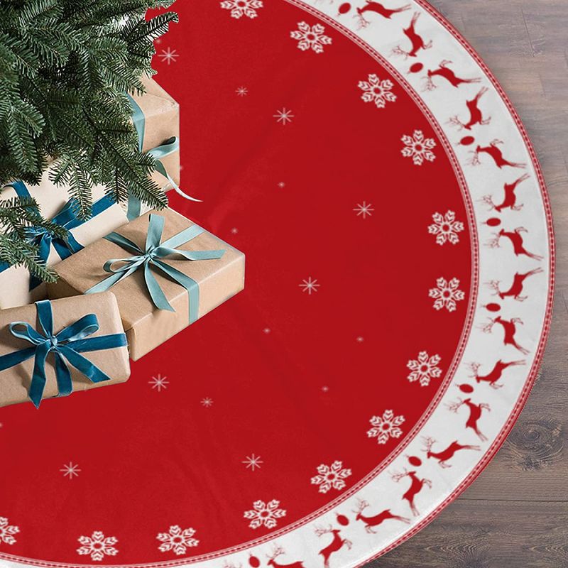 Photo 1 of 48 Inch Christmas Tree Skirt Red White Snowflakes Elk Large Xmas Tree Skirt Mat Rustic Decor for Holiday Party
