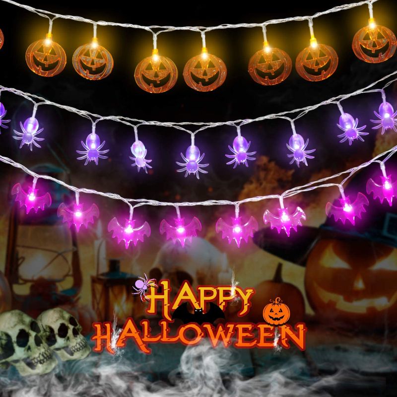 Photo 1 of Halloween Decoration Lights,Dekinmax 3pcs Halloween Lights ,Halloween String Lights 3×20 led 3×10ft with Orange Pumpkins, White Spiders, Purple Bats,Halloween Lights Outdoor Party Decoration
