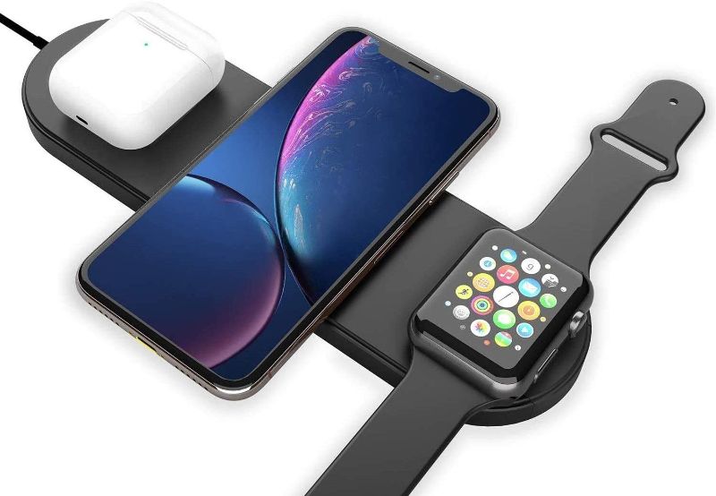 Photo 1 of Wireless Charger 3 in 1 Compatible with Apple Watch & AirPods 2 Charging Dock Station, Nightstand Mode for iWatch Series 5/4/3/2/1, iPhone 11/11 Pro Max/XR/XS Max/Xs Fast QC 3.0 Adapter Included

