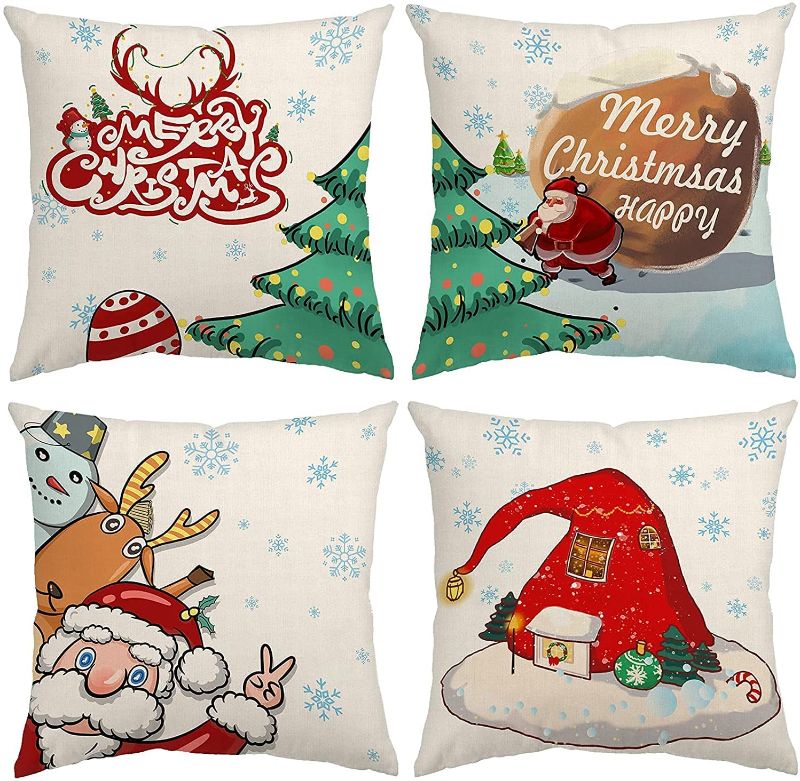 Photo 1 of Christmas Pillow Covers 18x18 Set of 4 Farmhouse Christmas Decor Throw Pillow Case Holiday Winter Square Cushion Covers Linen Xmas Tree Santa Deer Snowman Gnome Pillowcase for Couch Sofa