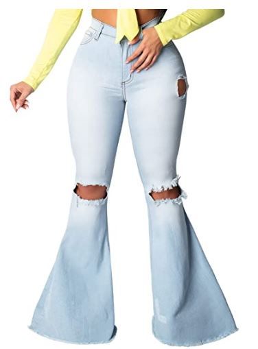 Photo 1 of SeNight Women Bell Bottom Jeans Elastic Waist Ripped Flared Jean Destroyed Raw Hem Denim Pants
- size 3xl 