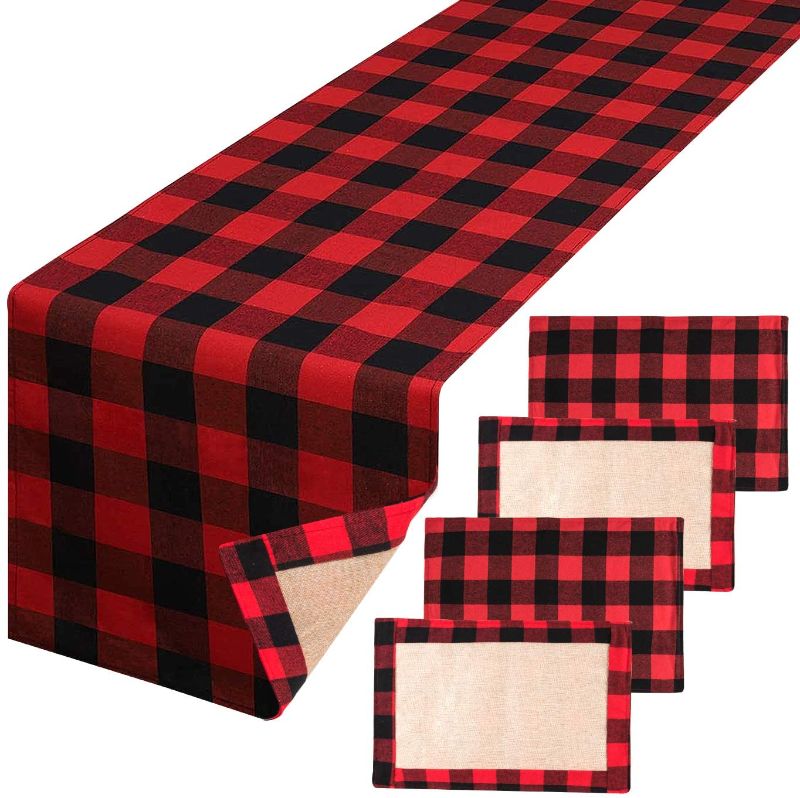 Photo 1 of WXJ13 Christmas Table Runner and Placemat Set, Buffalo Check Table Runner 14 x 72 Inch with 4 Pcs Xmas Table Mats 12 x 18 Inch for Kitchen Dining Table Decoration
