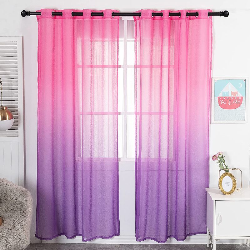 Photo 1 of  Ombre Half Gradient Semi-Sheer Curtains for Girls' Bedroom and Living Room, Gauze Curtains Wth Metal Grommets, Sets of 2 Panels Pink Purple W52 xL63