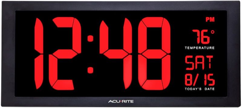 Photo 1 of AcuRite Large 18” Digital LED Oversized Wall Clock with Date, Temperature and Fold-Out Stand, Inch, Red
