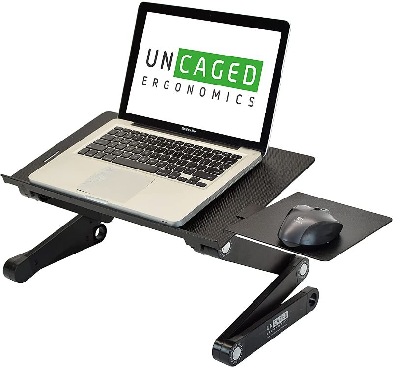 Photo 1 of WorkEZ BEST Adjustable Laptop Cooling Stand & Lap Desk for Bed Couch w/ Mouse Pad. Ergonomic height angle tilt aluminum desktop tray portable macbook pro computer riser table cooler folding holder
