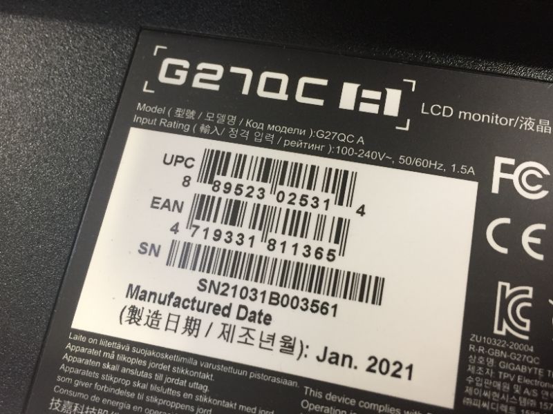 Photo 5 of GIGABYTE G27QC 27" 165Hz 1440P Curved Gaming Monitor, 2560 x 1440 VA 1500R Display, 1ms (MPRT) Response Time, 92% DCI-P3, HDR Ready, FreeSync Premium, 1x Display Port 1.4
