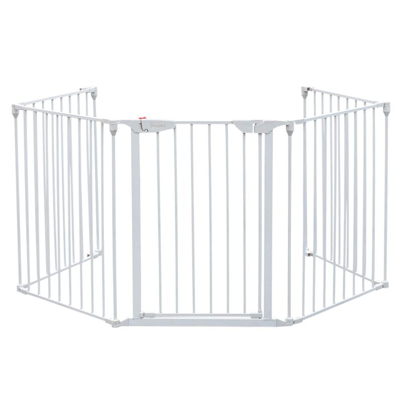 Photo 1 of Bonnlo 121-Inch Wide Metal Baby Safety Fence/Play Yard Adjustable Fireplace Hearth BBQ Fire Gate Christmas Tree Gate 5-Panel Playpen for Toddler/Pet/Puppy/Cat/Dog, 25.39"W x 29.3" H Each Panel, White
